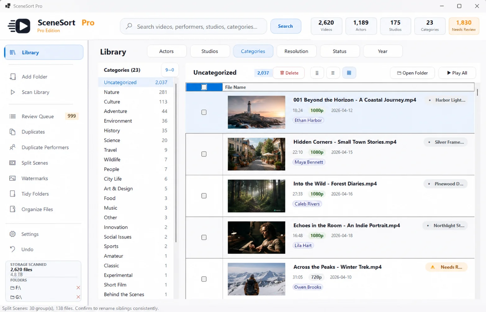 SceneSort Pro Categories view