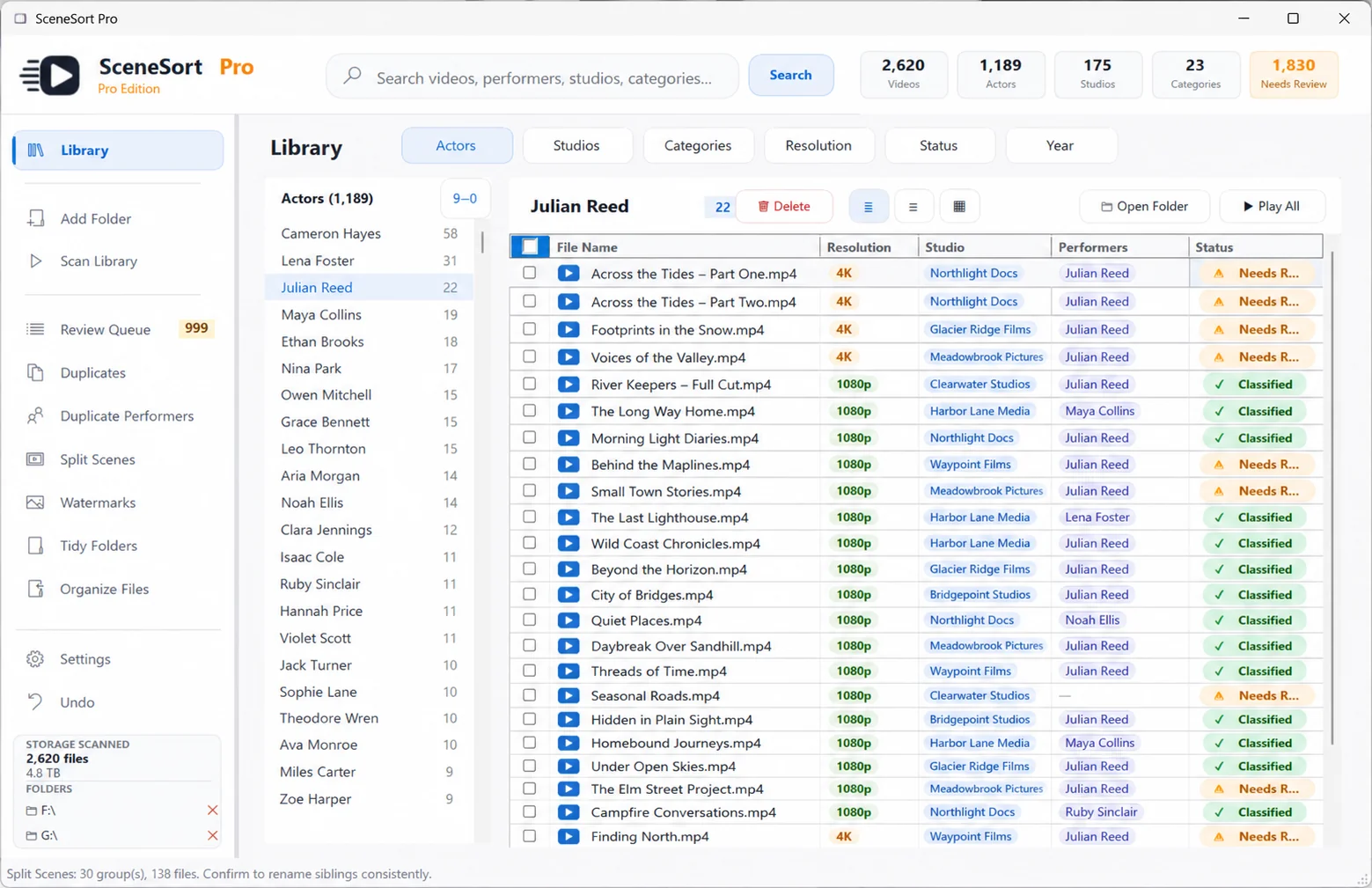 SceneSort Pro Library view