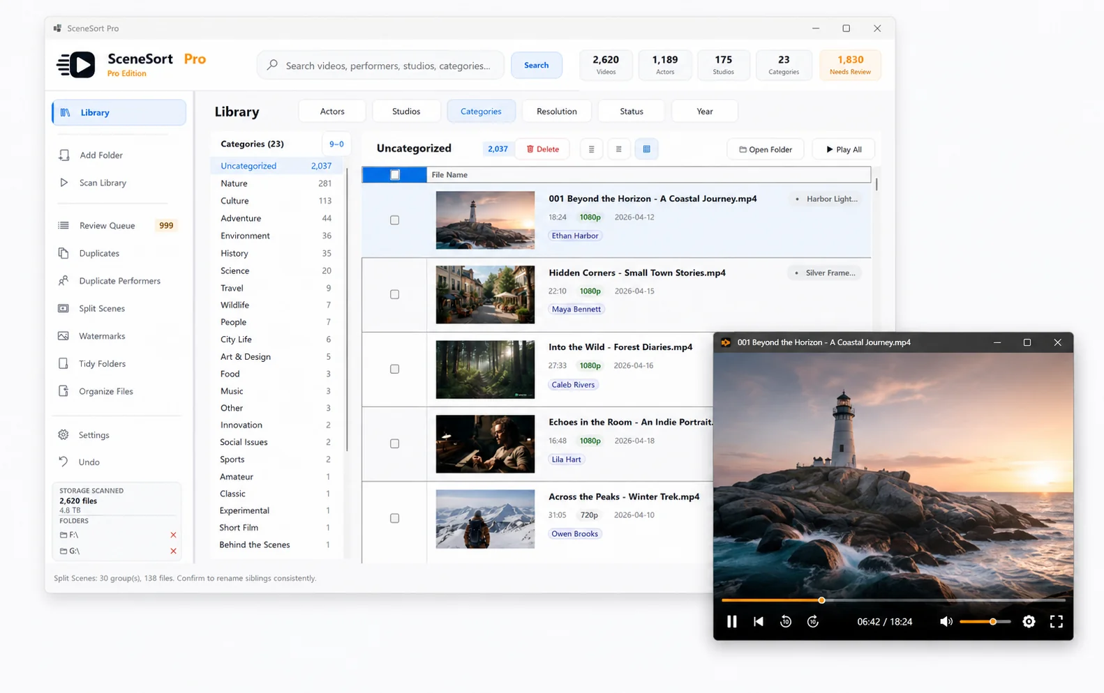 SceneSort Pro library with a video playing in a pop-out VLC player